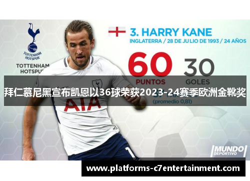 拜仁慕尼黑宣布凯恩以36球荣获2023-24赛季欧洲金靴奖