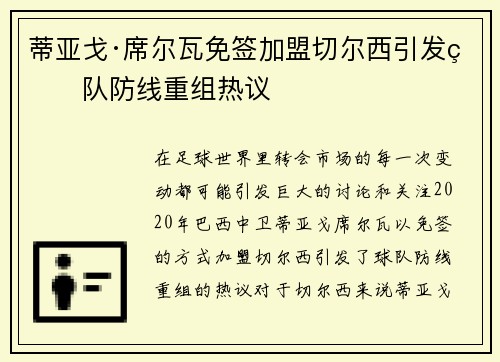 蒂亚戈·席尔瓦免签加盟切尔西引发球队防线重组热议 蒂亚戈·席尔瓦免签加盟切尔西引发球队防线重组热议
