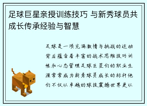 足球巨星亲授训练技巧 与新秀球员共成长传承经验与智慧 足球巨星亲授训练技巧 与新秀球员共成长传承经验与智慧