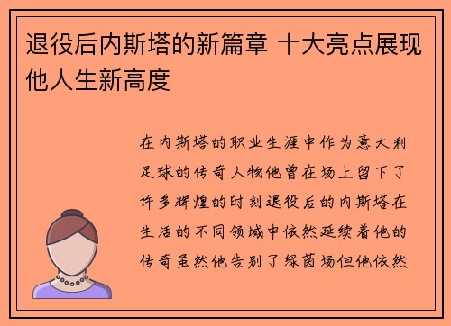 退役后内斯塔的新篇章 十大亮点展现他人生新高度