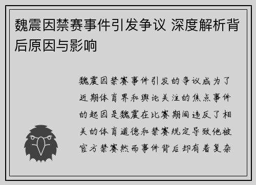 魏震因禁赛事件引发争议 深度解析背后原因与影响